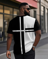 Men's Plus Size Daily Casual Black And White Striped Colorblock Printed Henry Collar Button Short Sleeve T-Shirt